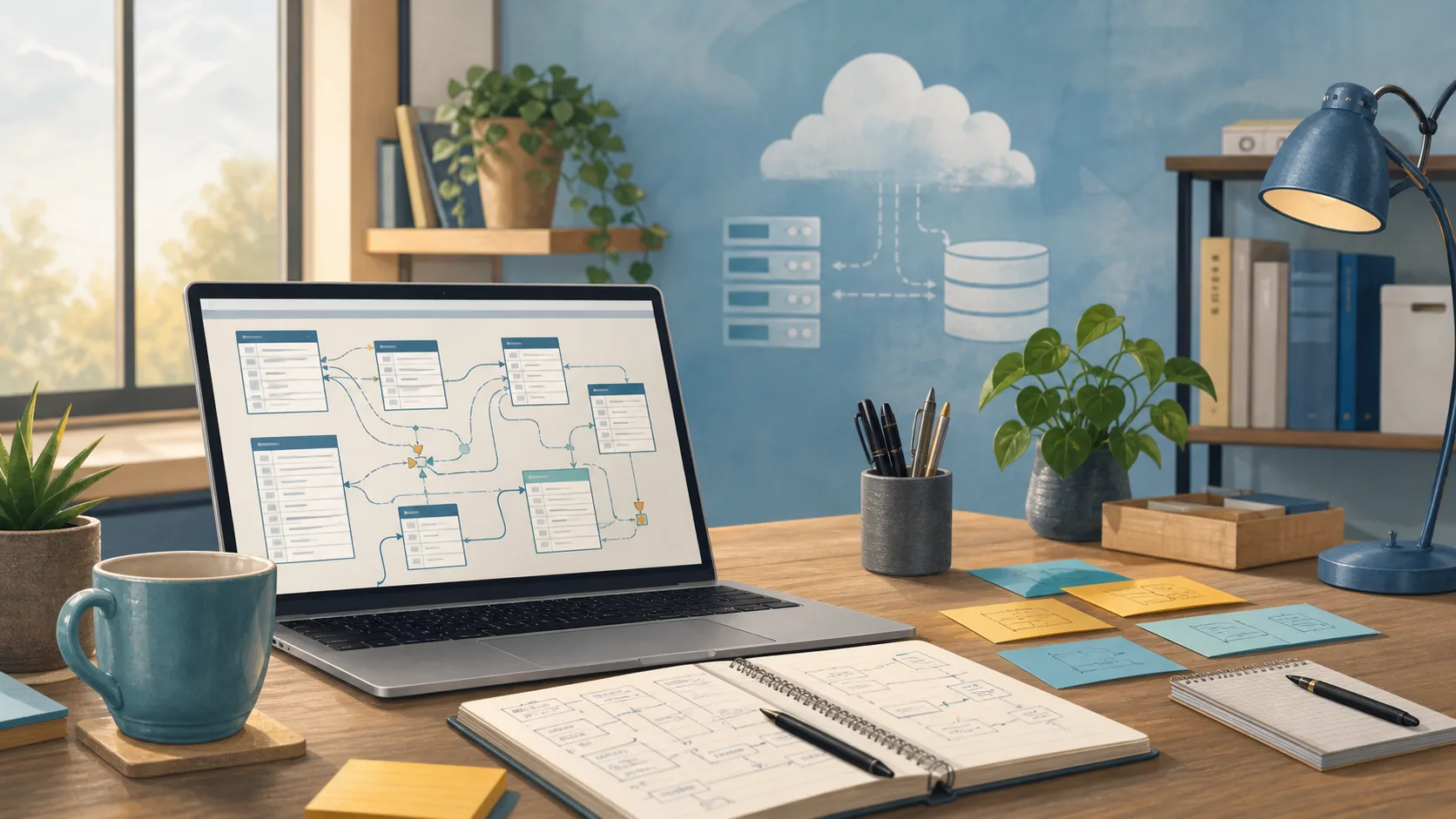FileMaker consulting workspace with database diagrams